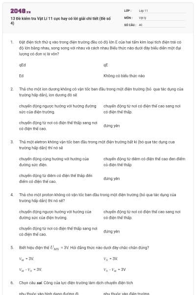13 Đề kiểm tra Vật Lí 11 cực hay có lời giải chi tiết (Đề số 4)