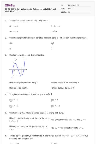 30 Đề thi thử thpt quốc gia môn Toán có lời giải chi tiết mới nhất (Đề số 27)