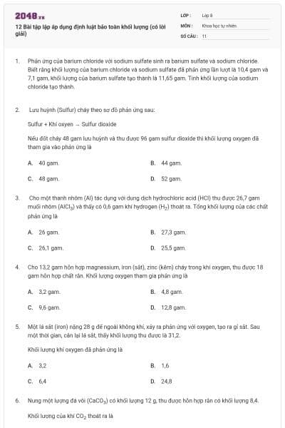 12 Bài tập lập áp dụng định luật bảo toàn khối lượng (có lời giải)