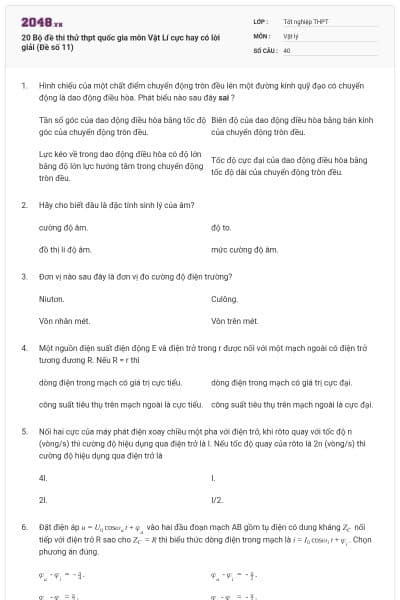 20 Bộ đề thi thử thpt quốc gia môn Vật Lí cực hay có lời giải (Đề số 11)