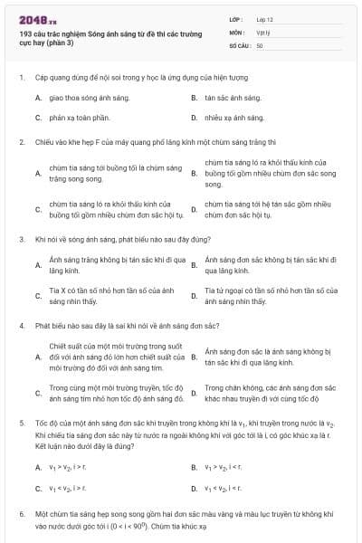 193 câu trắc nghiệm Sóng ánh sáng từ đề thi các trường cực hay (phần 3)