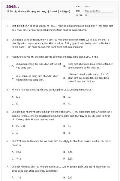 12 Bài tập kim loại tác dụng với dung dịch muối (có lời giải)