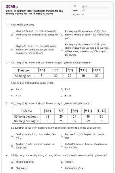 20 câu trắc nghiệm Toán 12 Kết nối tri thức Bài tập cuối chương III (Đúng sai - Trả lời ngắn) có đáp án