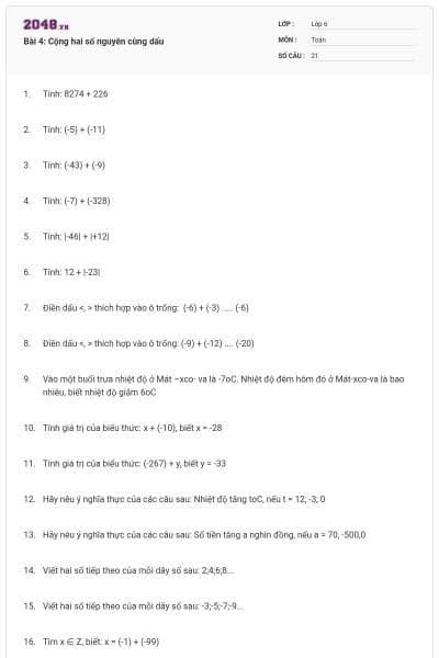 Bài 4: Cộng hai số nguyên cùng dấu