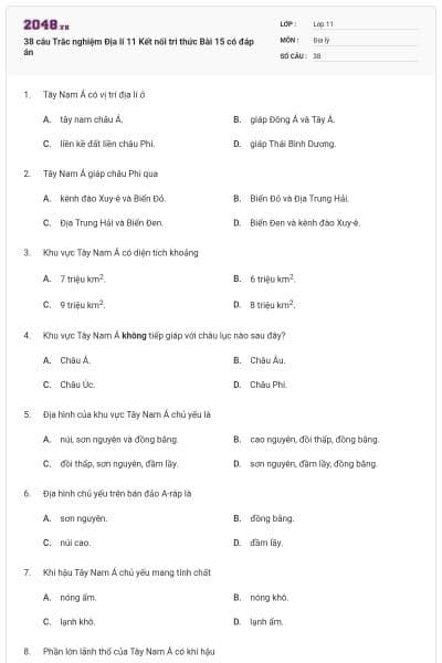 38 câu Trắc nghiệm Địa lí 11 Kết nối tri thức Bài 15 có đáp án