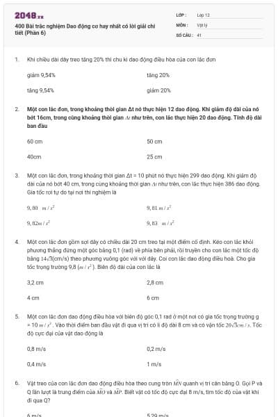 400 Bài trắc nghiệm Dao động cơ hay nhất có lời giải chi tiết (Phần 6)