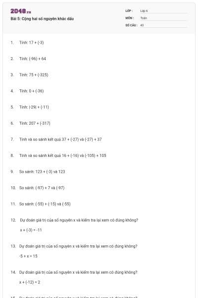 Bài 5: Cộng hai số nguyên khác dấu