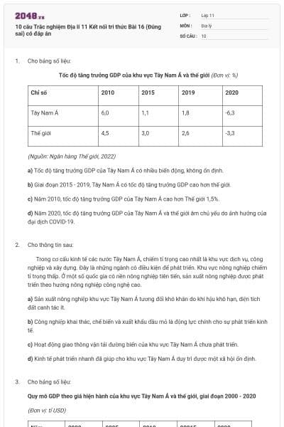 10 câu Trắc nghiệm Địa lí 11 Kết nối tri thức Bài 16 (Đúng sai) có đáp án