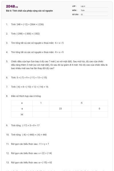 Bài 6: Tính chất của phép cộng các số nguyên