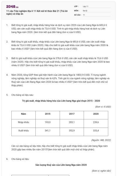 11 câu Trắc nghiệm Địa lí 11 Kết nối tri thức Bài 21 (Trả lời ngắn) có đáp án