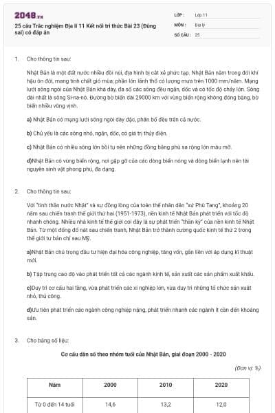 25 câu Trắc nghiệm Địa lí 11 Kết nối tri thức Bài 23 (Đúng sai) có đáp án