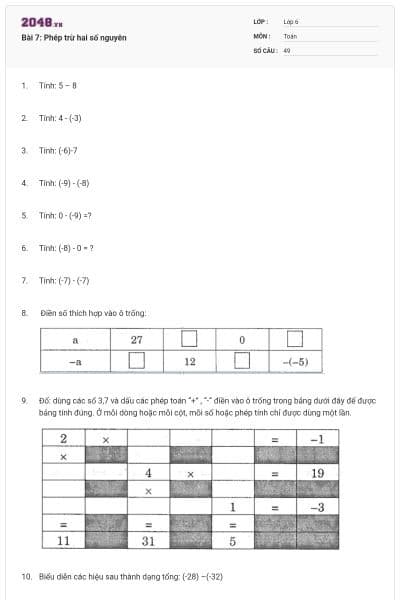 Bài 7: Phép trừ hai số nguyên