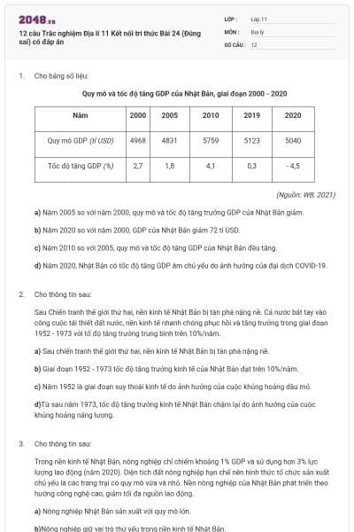 12 câu Trắc nghiệm Địa lí 11 Kết nối tri thức Bài 24 (Đúng sai) có đáp án