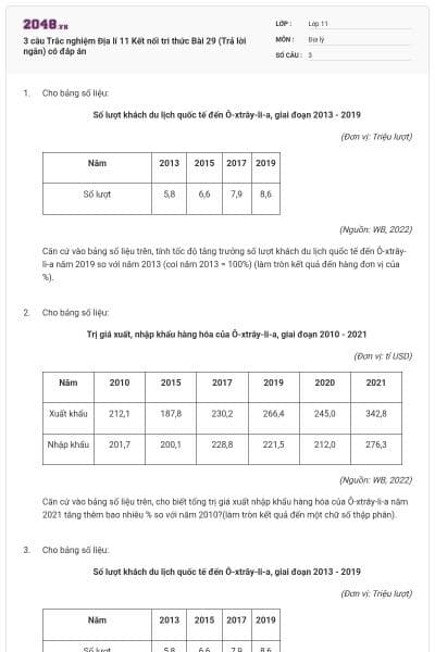 3 câu Trắc nghiệm Địa lí 11 Kết nối tri thức Bài 29 (Trả lời ngắn) có đáp án