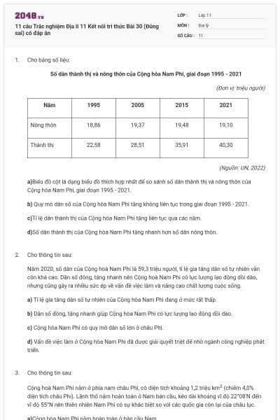 11 câu Trắc nghiệm Địa lí 11 Kết nối tri thức Bài 30 (Đúng sai) có đáp án