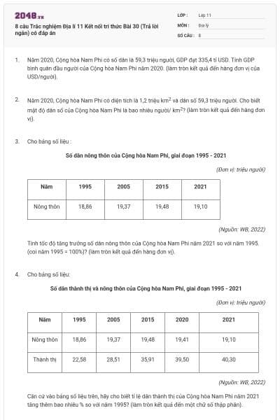 8 câu Trắc nghiệm Địa lí 11 Kết nối tri thức Bài 30 (Trả lời ngắn) có đáp án