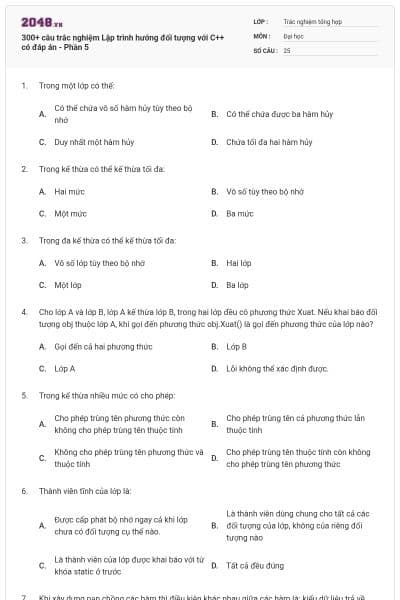 300+ câu trắc nghiệm Lập trình hướng đối tượng với C++ có đáp án - Phần 5
