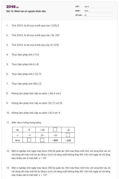 Bài 10: Nhân hai số nguyên khác dấu