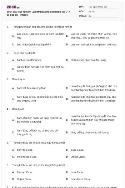 300+ câu trắc nghiệm Lập trình hướng đối tượng với C++ có đáp án - Phần 8