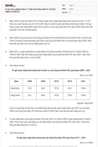 8 câu Trắc nghiệm Địa lí 11 Kết nối tri thức Bài 31 (Trả lời ngắn) có đáp án