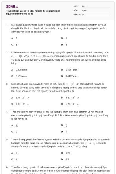 Trắc nghiệm Vật Lí 12 Mẫu nguyên tử Bo quang phổ nguyên tử Hidro (Đề số 1)