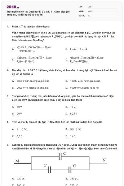Trắc nghiệm ôn tập Cuối học kì 2 Vật Lí 11 Cánh diều (có đúng sai, trả lời ngắn) có đáp án