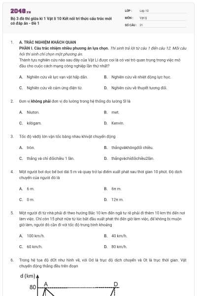 Bộ 3 đề thi giữa kì 1 Vật lí 10 Kết nối tri thức cấu trúc mới có đáp án - Đề 1