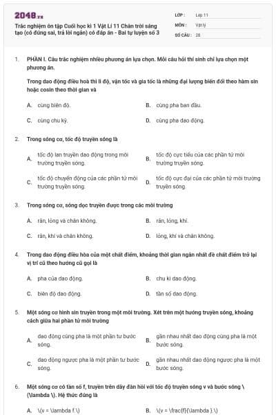 Trắc nghiệm ôn tập Cuối học kì 1 Vật Lí 11 Chân trời sáng tạo (có đúng sai, trả lời ngắn) có đáp án - Bai tự luyện số 3
