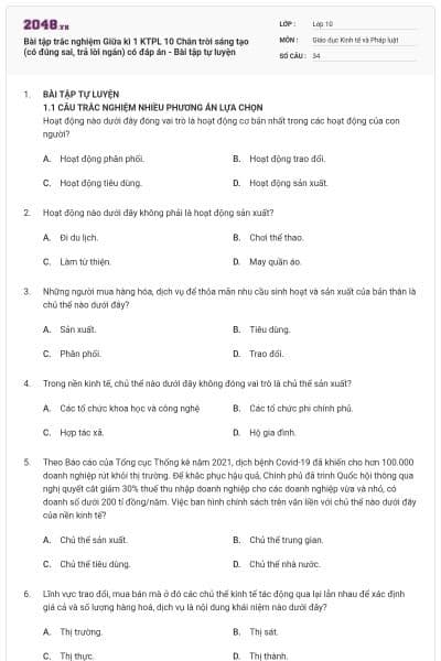 Bài tập trắc nghiệm Giữa kì 1 KTPL 10 Chân trời sáng tạo (có đúng sai, trả lời ngắn) có đáp án - Bài tập tự luyện