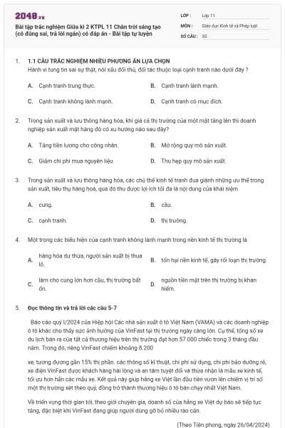 Bài tập trắc nghiệm Giữa kì 2 KTPL 11 Chân trời sáng tạo (có đúng sai, trả lời ngắn) có đáp án - Bài tập tự luyện