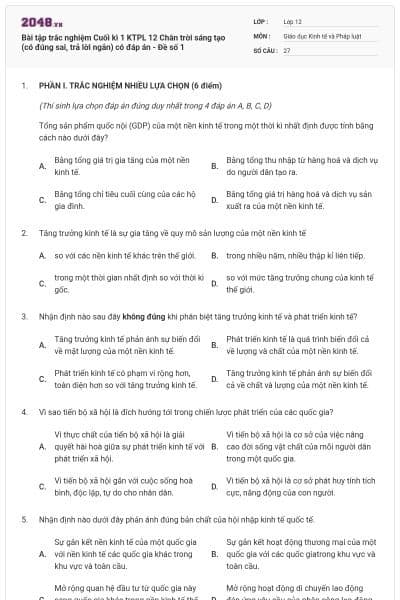 Bài tập trắc nghiệm Cuối kì 1 KTPL 12 Chân trời sáng tạo (có đúng sai, trả lời ngắn) có đáp án - Đề số 1