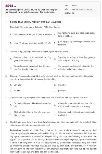 Bài tập trắc nghiệm Cuối kì 2 KTPL 12 Chân trời sáng tạo (có đúng sai, trả lời ngắn) có đáp án - Bài tập tự luyện
