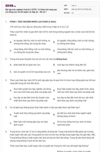 Bài tập trắc nghiệm Cuối kì 2 KTPL 12 Chân trời sáng tạo (có đúng sai, trả lời ngắn) có đáp án - Đề số 1