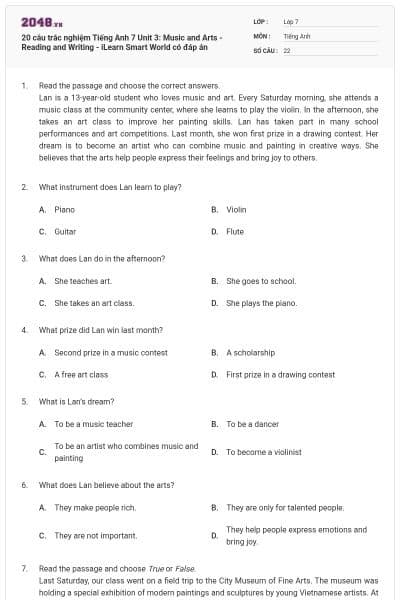 20 câu trắc nghiệm Tiếng Anh 7 Unit 3: Music and Arts - Reading and Writing - iLearn Smart World có đáp án