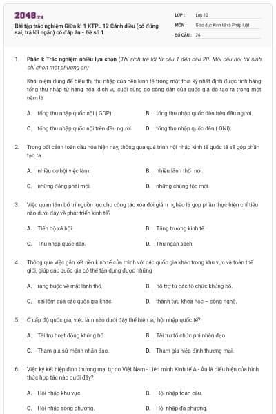 Bài tập trắc nghiệm Giữa kì 1 KTPL 12 Cánh diều (có đúng sai, trả lời ngắn) có đáp án - Đề số 1