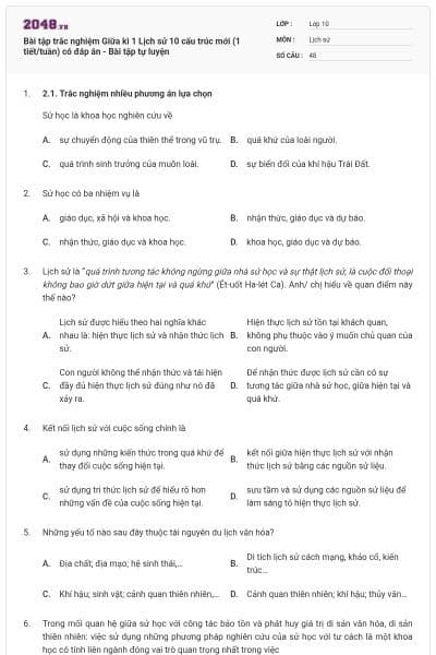Bài tập trắc nghiệm Giữa kì 1 Lịch sử 10 cấu trúc mới (1 tiết/tuần) có đáp án - Bài tập tự luyện