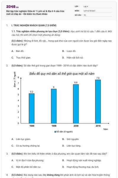 Bài tập trắc nghiệm Giữa kì 1 Lịch sử & Địa lí 4 cấu trúc mới có đáp án - Đề kiểm tra tham khảo