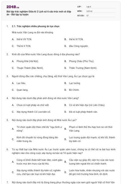 Bài tập trắc nghiệm Giữa kì 2 Lịch sử 6 cấu trúc mới có đáp án - Bài tập tự luyện