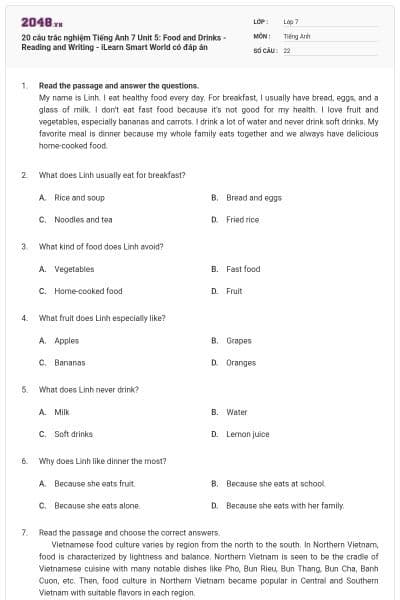 20 câu trắc nghiệm Tiếng Anh 7 Unit 5: Food and Drinks - Reading and Writing - iLearn Smart World có đáp án