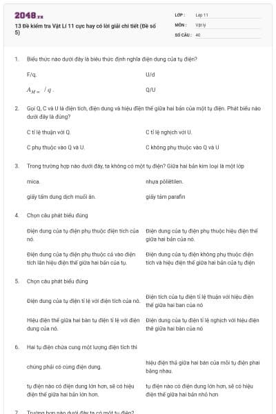 13 Đề kiểm tra Vật Lí 11 cực hay có lời giải chi tiết (Đề số 5)