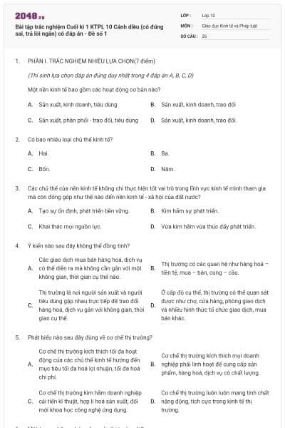 Bài tập trắc nghiệm Cuối kì 1 KTPL 10 Cánh diều (có đúng sai, trả lời ngắn) có đáp án - Đề số 1