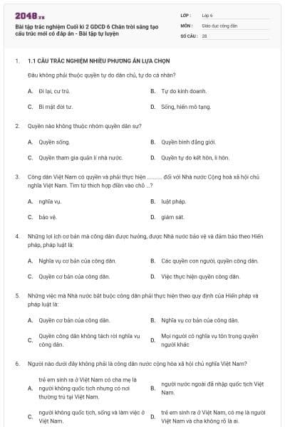 Bài tập trắc nghiệm Cuối kì 2 GDCD 6 Chân trời sáng tạo cấu trúc mới có đáp án - Bài tập tự luyện