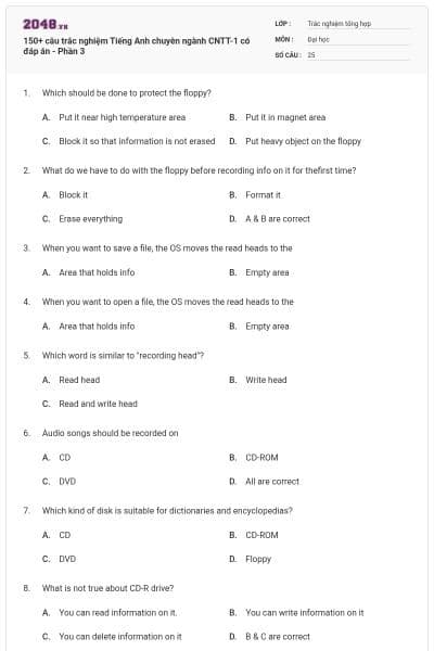 150+ câu trắc nghiệm Tiếng Anh chuyên ngành CNTT-1 có đáp án - Phần 3