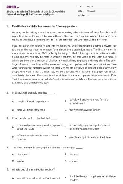 20 câu trắc nghiệm Tiếng Anh 11 Unit 3: Cities of the future -Reading- Global Success có đáp án