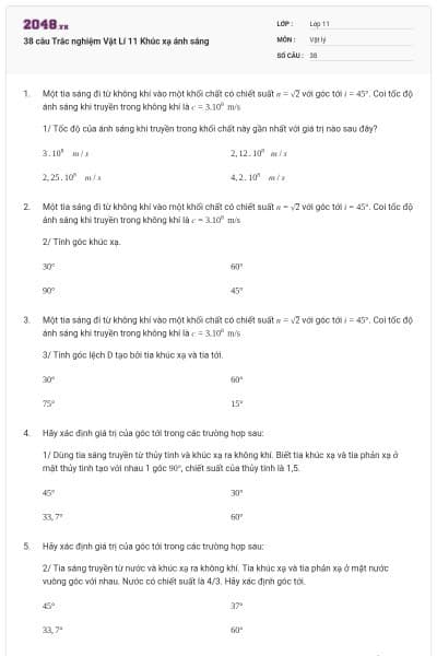 38 câu Trắc nghiệm Vật Lí 11 Khúc xạ ánh sáng