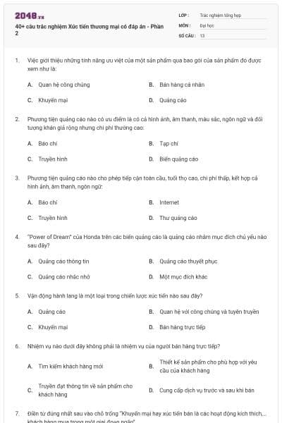 40+ câu trắc nghiệm Xúc tiến thương mại có đáp án - Phần 2