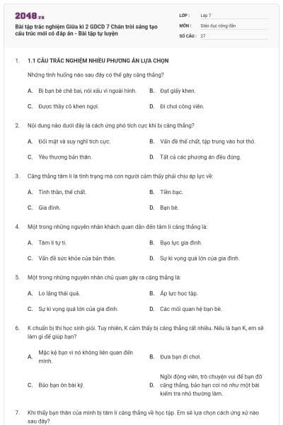 Bài tập trắc nghiệm Giữa kì 2 GDCD 7 Chân trời sáng tạo cấu trúc mới có đáp án - Bài tập tự luyện