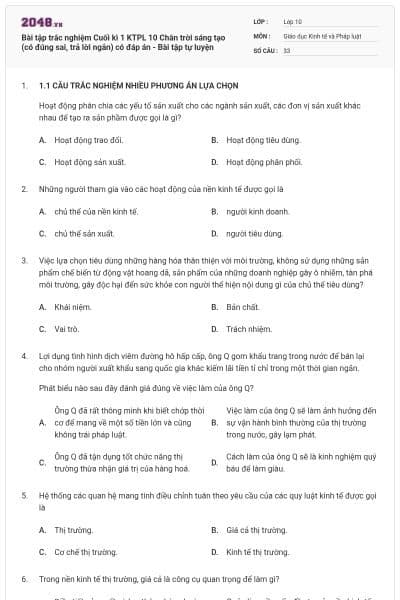 Bài tập trắc nghiệm Cuối kì 1 KTPL 10 Chân trời sáng tạo (có đúng sai, trả lời ngắn) có đáp án - Bài tập tự luyện