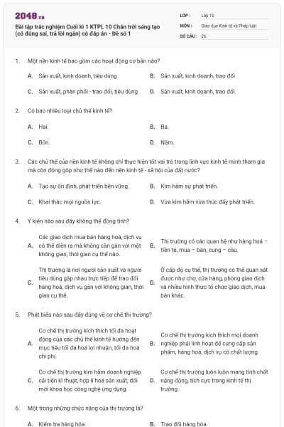Bài tập trắc nghiệm Cuối kì 1 KTPL 10 Chân trời sáng tạo (có đúng sai, trả lời ngắn) có đáp án - Đề số 1