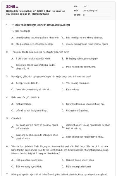 Bài tập trắc nghiệm Cuối kì 1 GDCD 7 Chân trời sáng tạo cấu trúc mới có đáp án - Bài tập tự luyện
